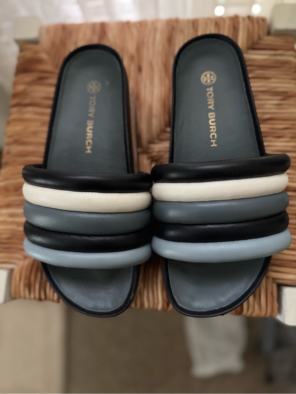 Tory Burch Multitone Padded Slide Mules - Black, Ivory, Gray, Light Blue